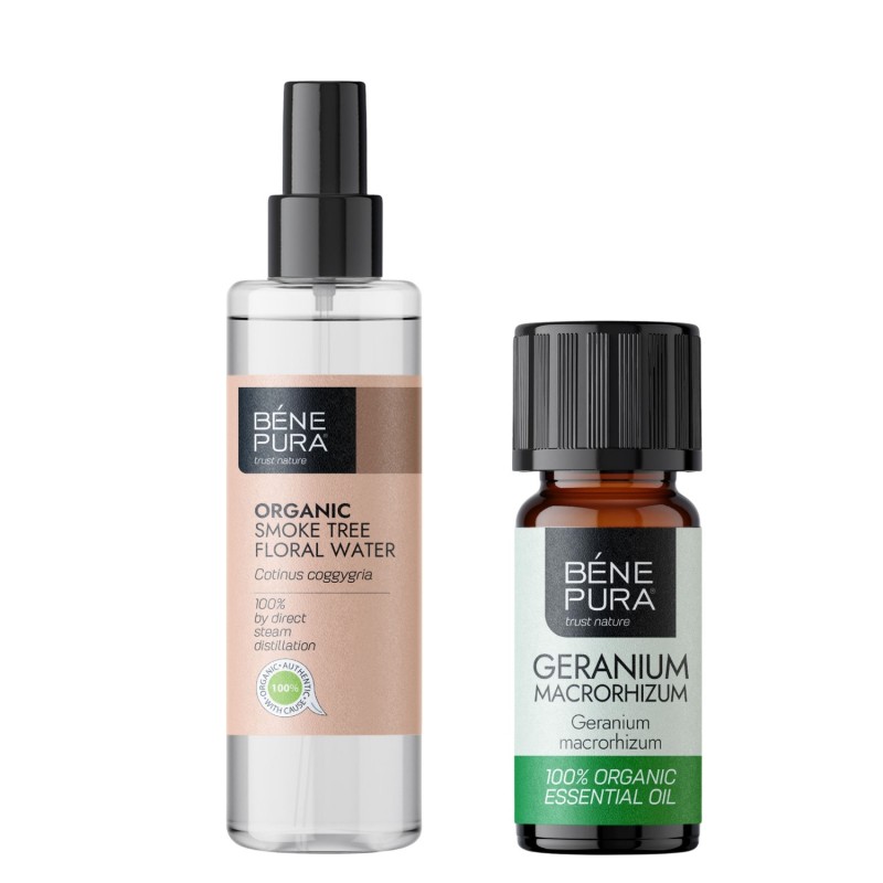 Bio Eau florale Arbre à Perruques et Bio Huile essentielle de Géranium