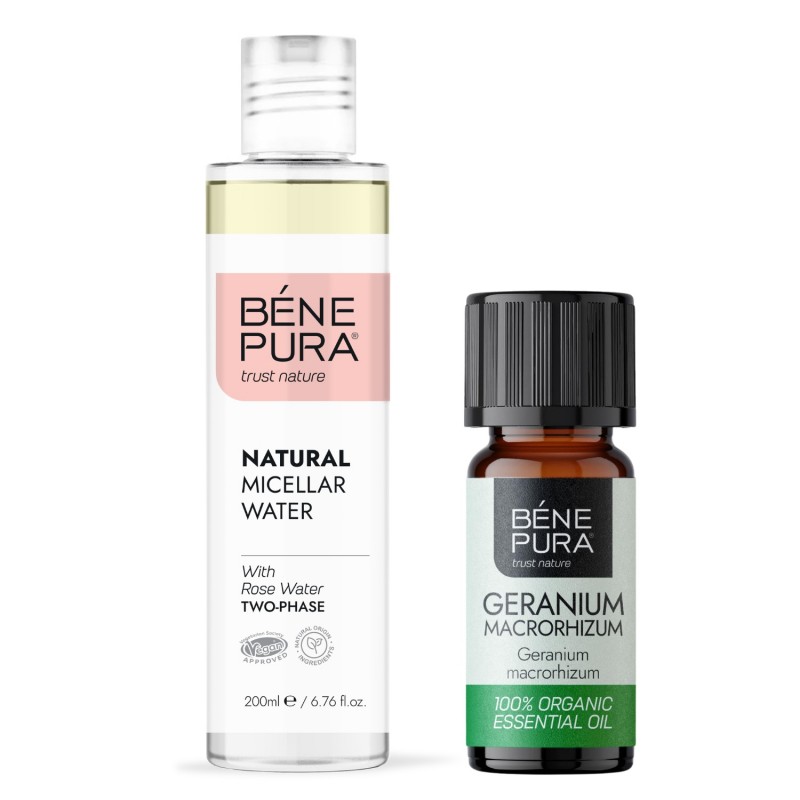 Eau micellaire Naturelle Biphase et Bio Huile essentielle de Géranium